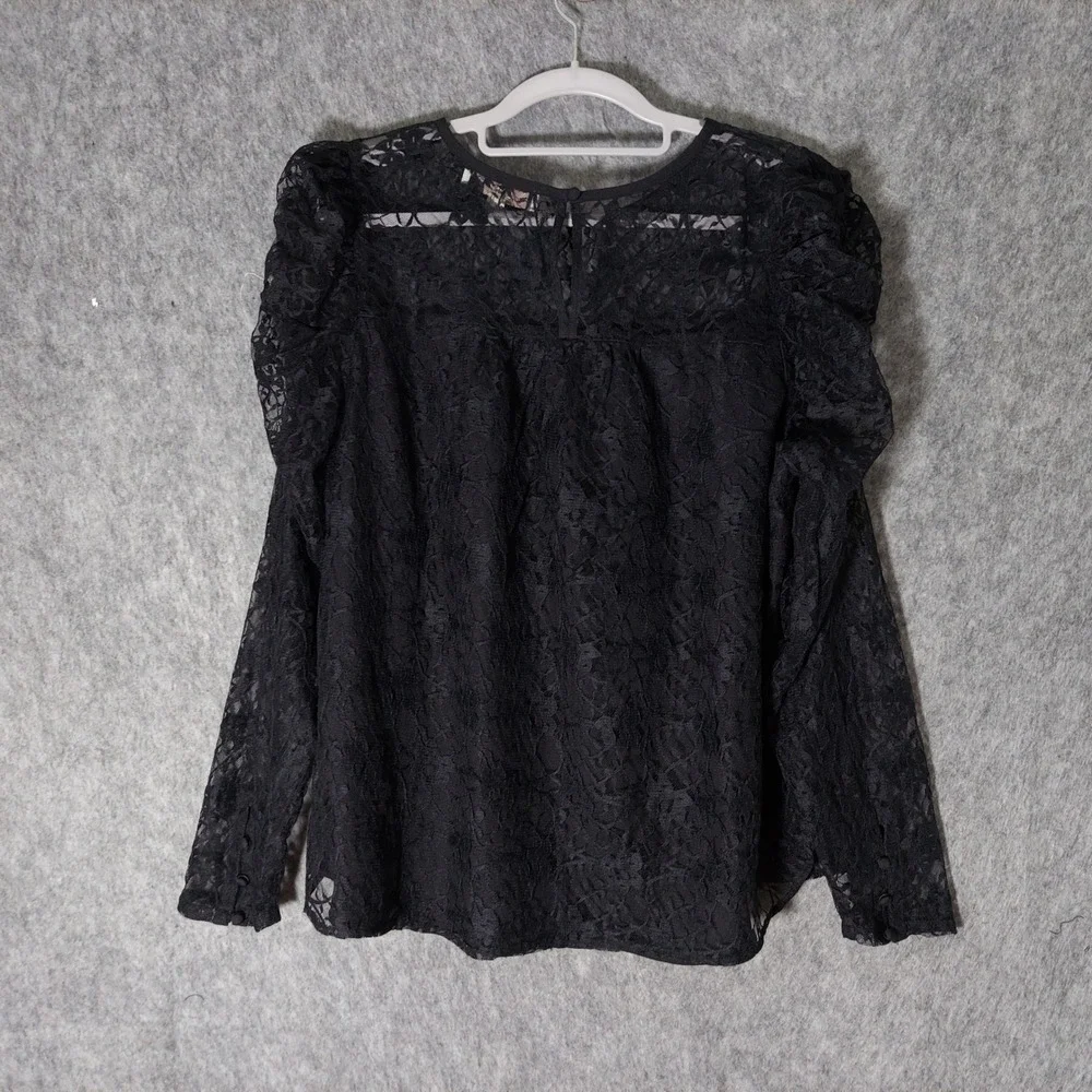Loft Women Lace Blouse 8 Black Gothic Long Sheer Puff Sleeve Floral lined Top